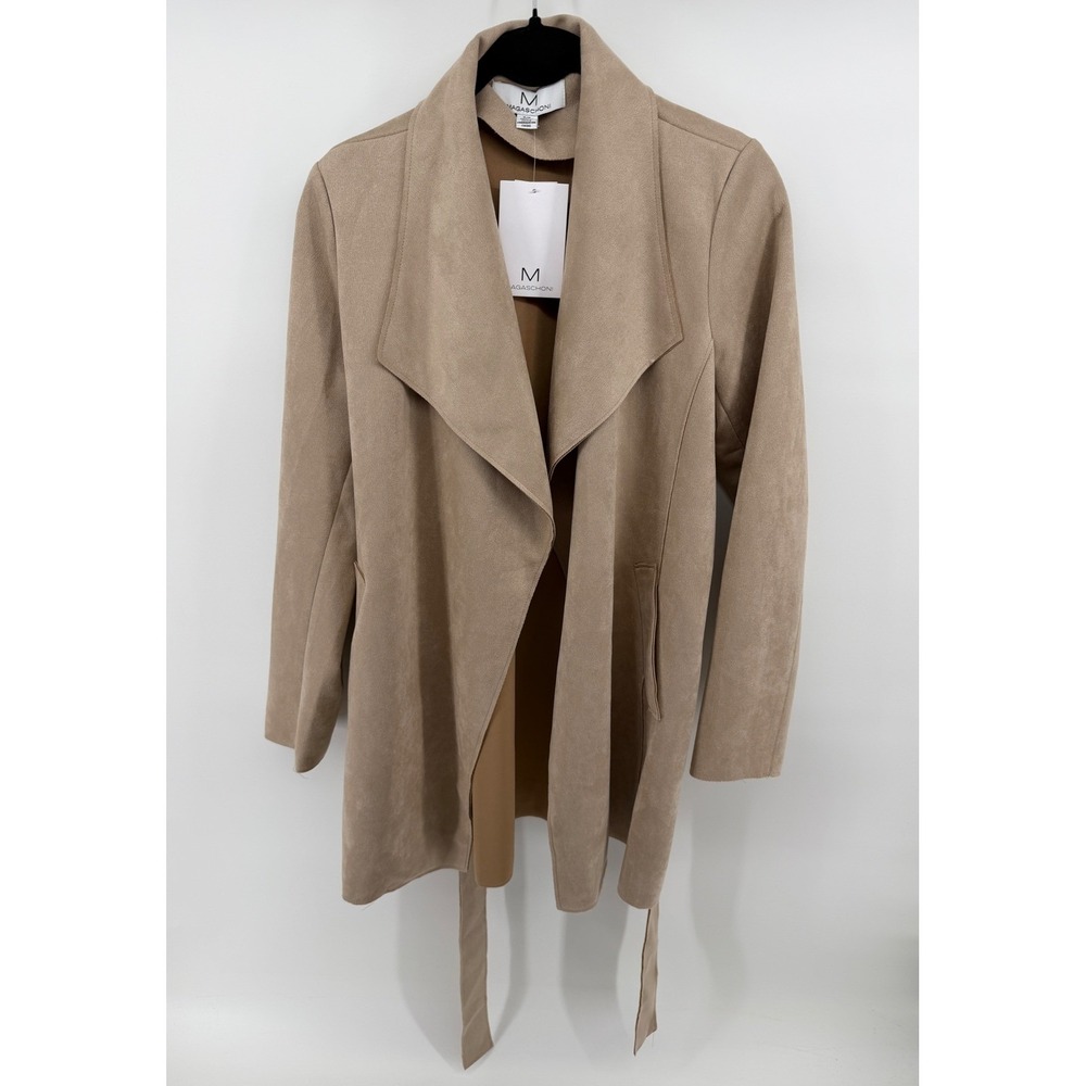 Magaschoni Women Tan Faux Suede Draped Open Front Belted Wrap Coat Jacket Small - Picture 2 of 5